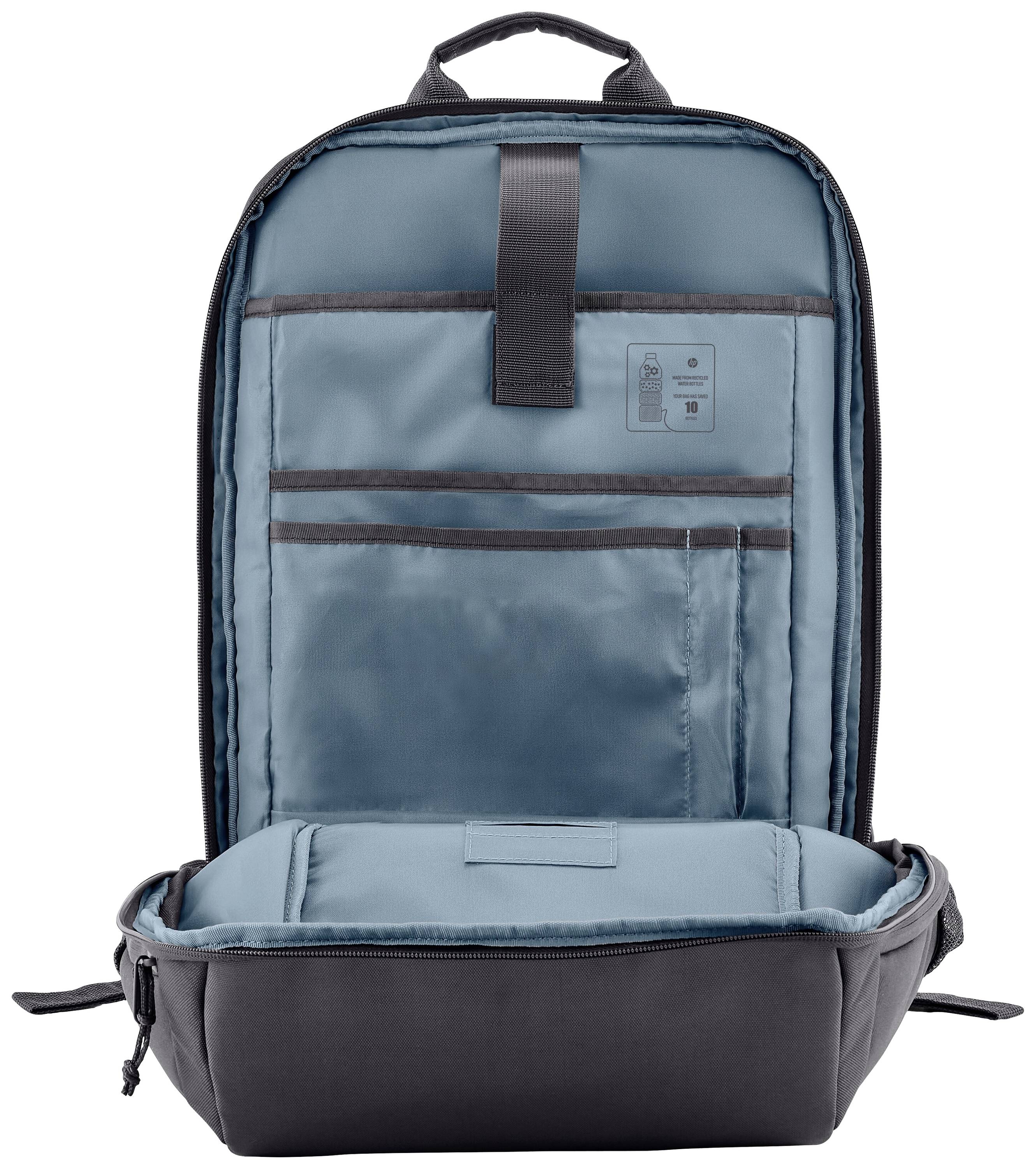 Plecak z wieloma komorami i kieszeniami, otwarty, w niebiesko-szarej kolorystyce. Idealny do przechowywania laptopa i akcesoriów.