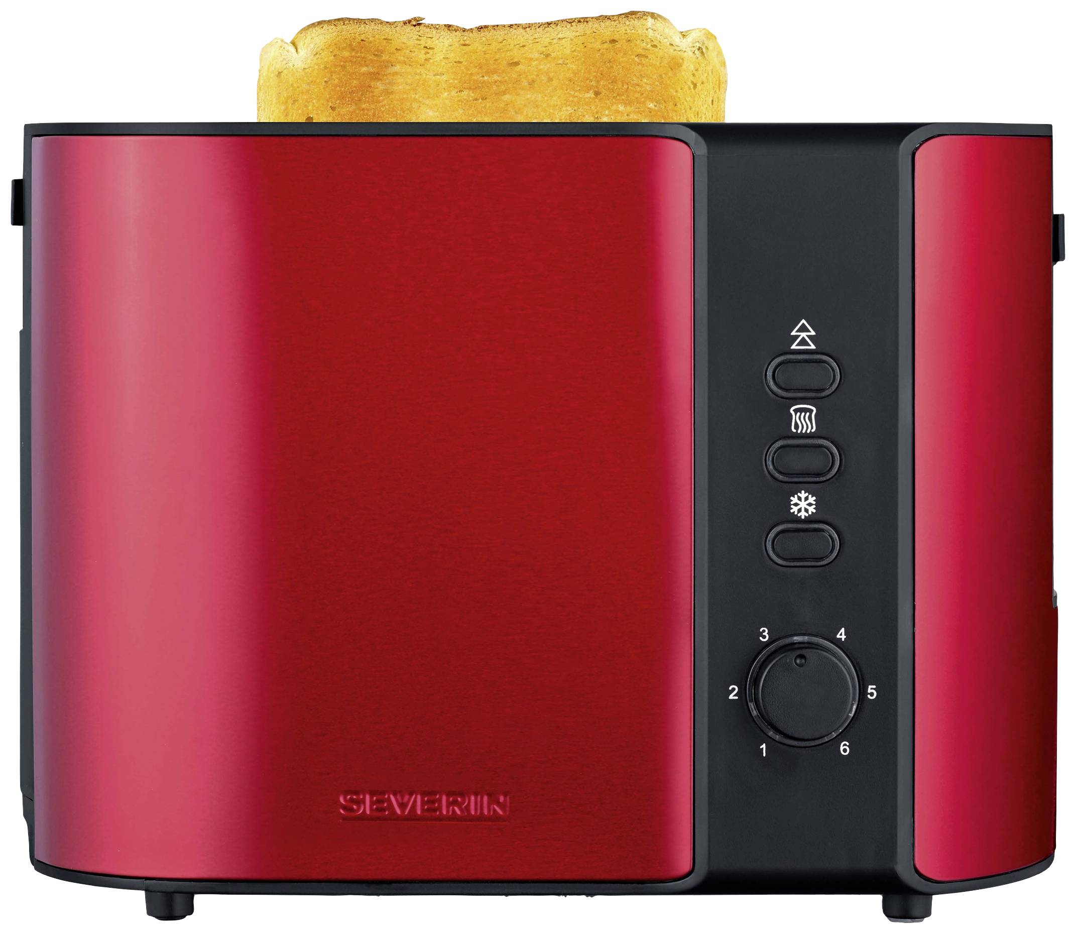 Prosty, czerwony toster z zrumienionym chlebem na wierzchu. Toster posiada kilka opcji ustawień i pokrętło do regulacji stopnia przypieczenia.