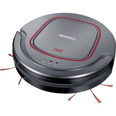 Czarny, okrągły robot sprzątający z czerwonymi akcentami i napisem 'Severin chill', widoczne są niektóre szczotki.