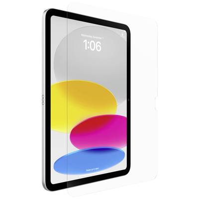 Tablet z kolorowym, abstrakcyjnym tłem na ekranie, zakryte przezroczystą osłoną.