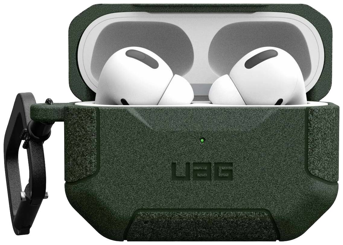 Bezprzewodowe białe słuchawki douszne w ciemnozielonym, strukturalnym etui ładującym z możliwością odpięcia uchwytu.