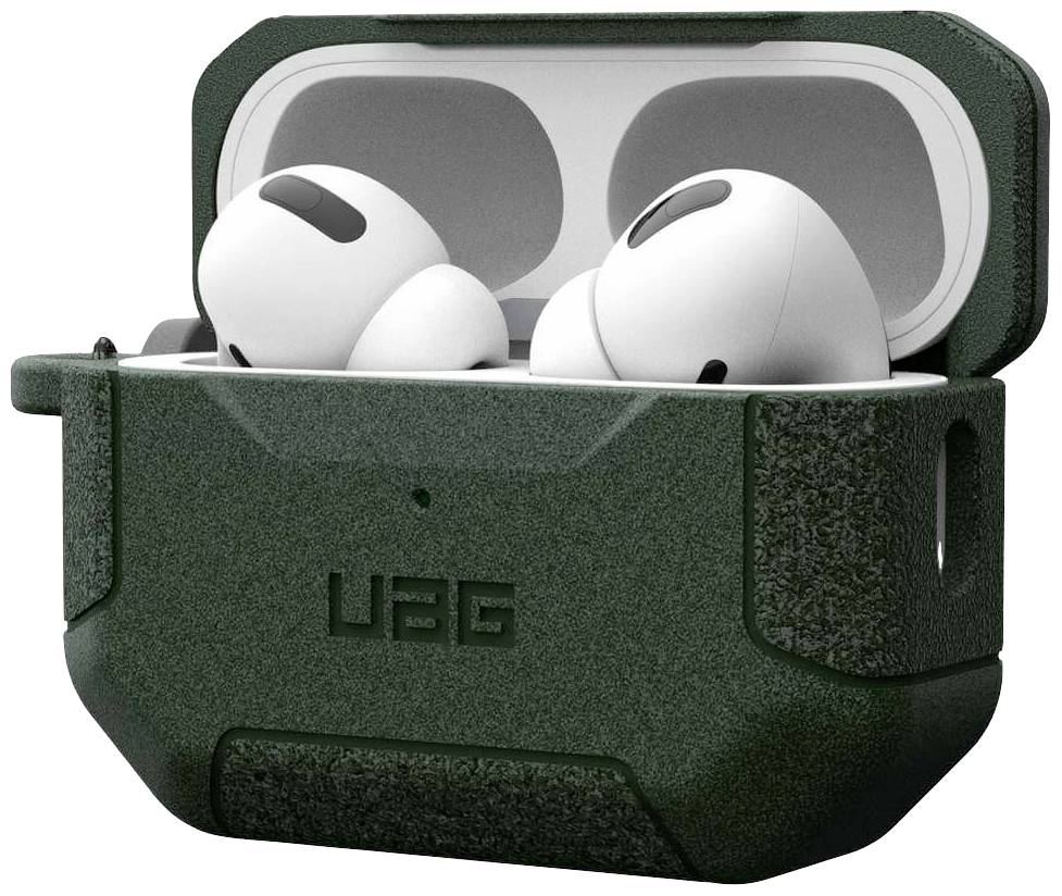 Zielony pokrowiec z otwartą pokrywą, w środku widoczne białe bezprzewodowe słuchawki dokanałowe włożone do ładowania.