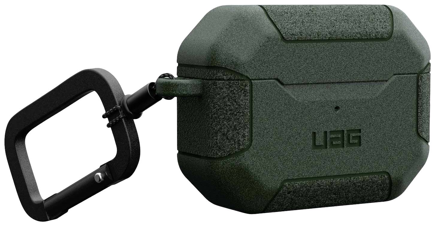 Zielona, wytrzymała obudowa UAG do bezprzewodowych słuchawek dousznych z karabińczykiem, zaprojektowana z myślą o optymalnej ochronie i łatwym mocowaniu.