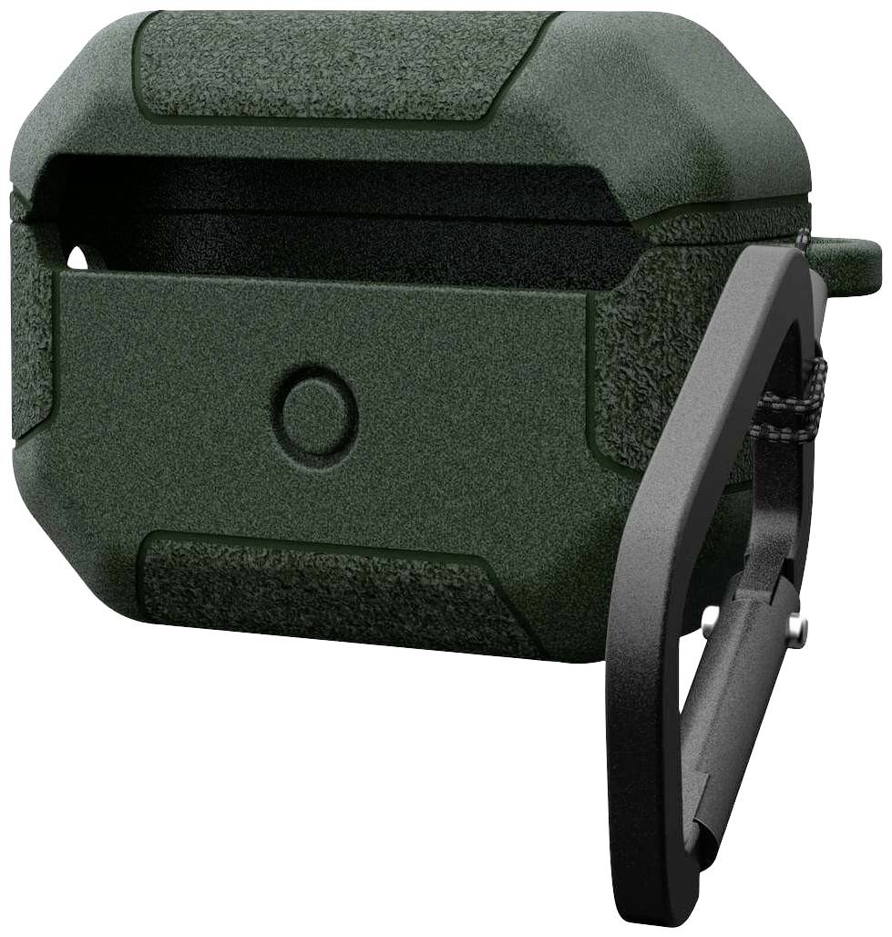 Ciemnozielona, wytrzymała obudowa z tworzywa sztucznego z czarnym, składanym hakiem karabińczykowym.