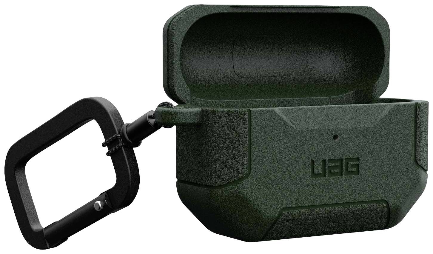 Czarne, wytrzymałe etui na AirPods z karabińczykiem. Nadruk 'UAG'.