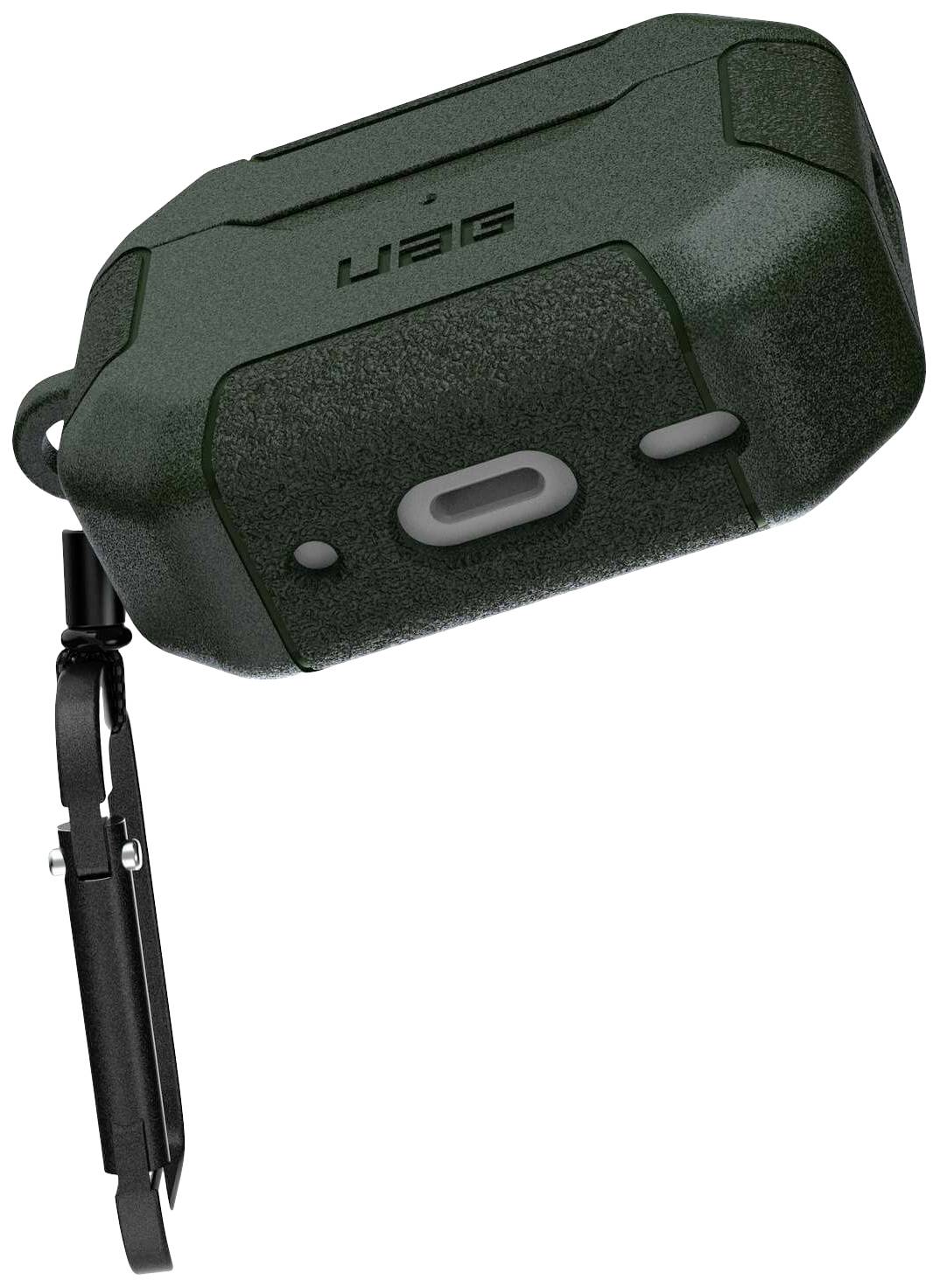 Zielona, wytrzymała obudowa ochronna na słuchawki z pętlą do zawieszenia. Logo UAG na górze. Idealna do użytku na świeżym powietrzu.