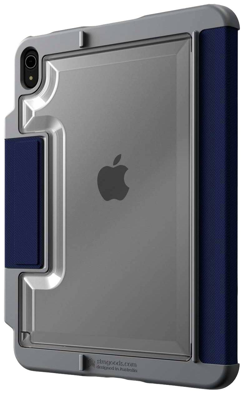 Etui ochronne do tabletu, widok od tyłu z szarą obudową i niebieskim uchwytem. Logo Apple widoczne pośrodku.