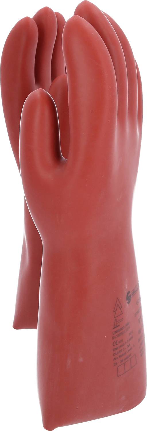 Czerwone rękawice gumowe do ochrony podczas prac elektrycznych, stojące obok siebie.