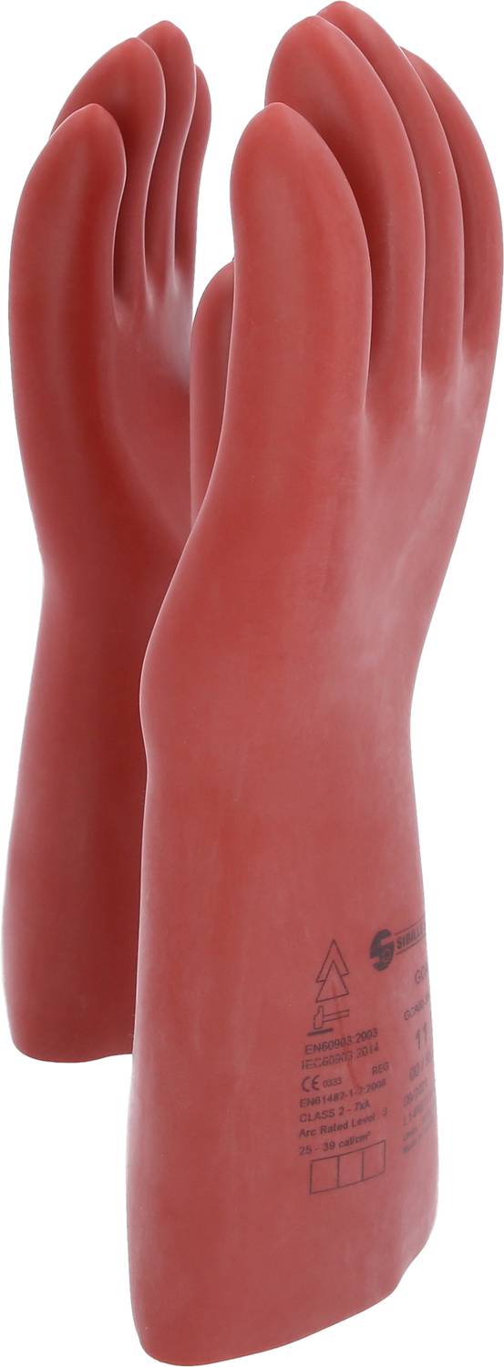 Dwie czerwone rękawice izolacyjne stoją pionowo obok siebie, z oznaczeniami na powierzchni dotyczącymi klasy ochrony i norm.