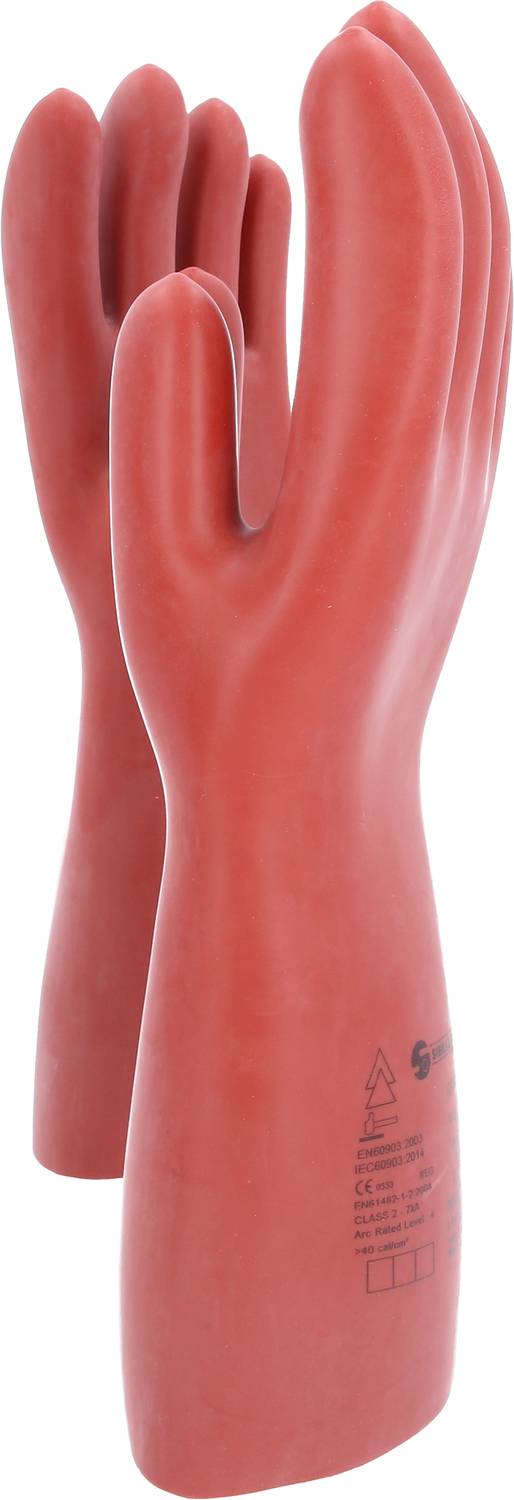 Dwa czerwone, izolowane gumowe rękawice robocze, stojące pionowo. Odpowiednie do prac elektrycznych, z nadrukiem kategorii bezpieczeństwa.