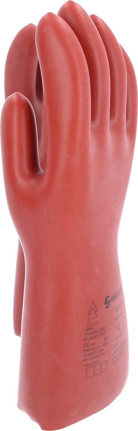 Czerwona rękawica izolacyjna, stojąca, do prac elektrycznych. Kluczowe informacje są wydrukowane na przedniej stronie.