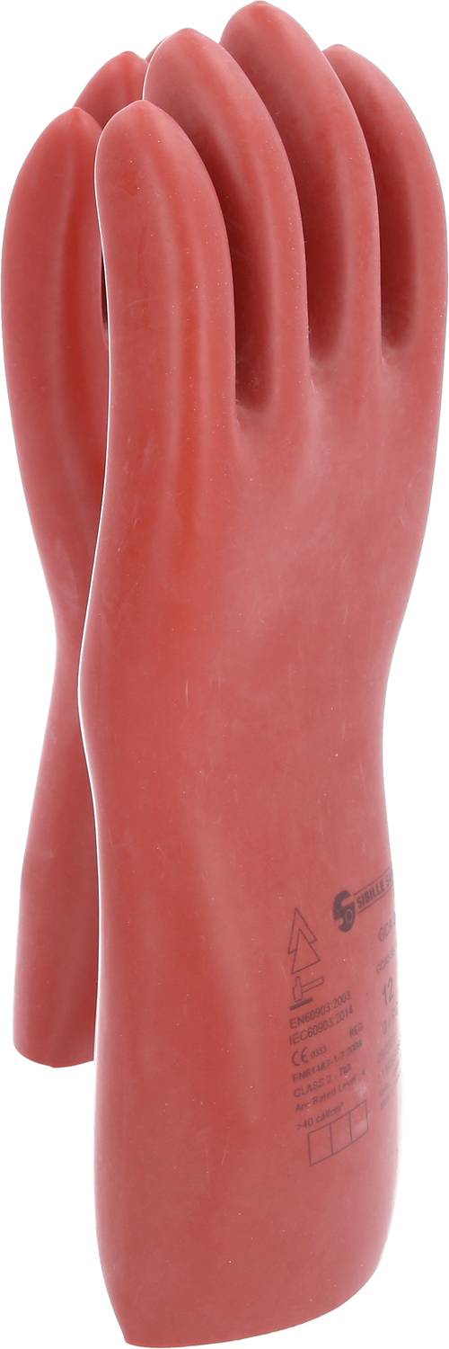 Czerwone rękawice ochronne do prac elektrycznych, z nadrukiem specyfikacji technicznych na外stronie.
