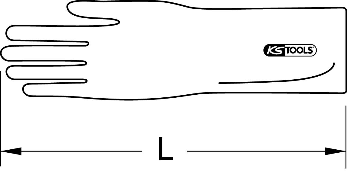 Długa rękawica robocza z logo KS Tools, przystosowana do pomiaru długości.