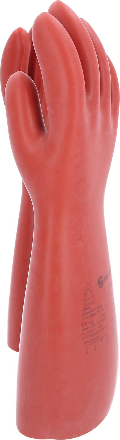 Czerwona, izolacyjna rękawica, lekko zgięta, pokazana jest z boku. Odpowiednia do ochrony przed zagrożeniami elektrycznymi.