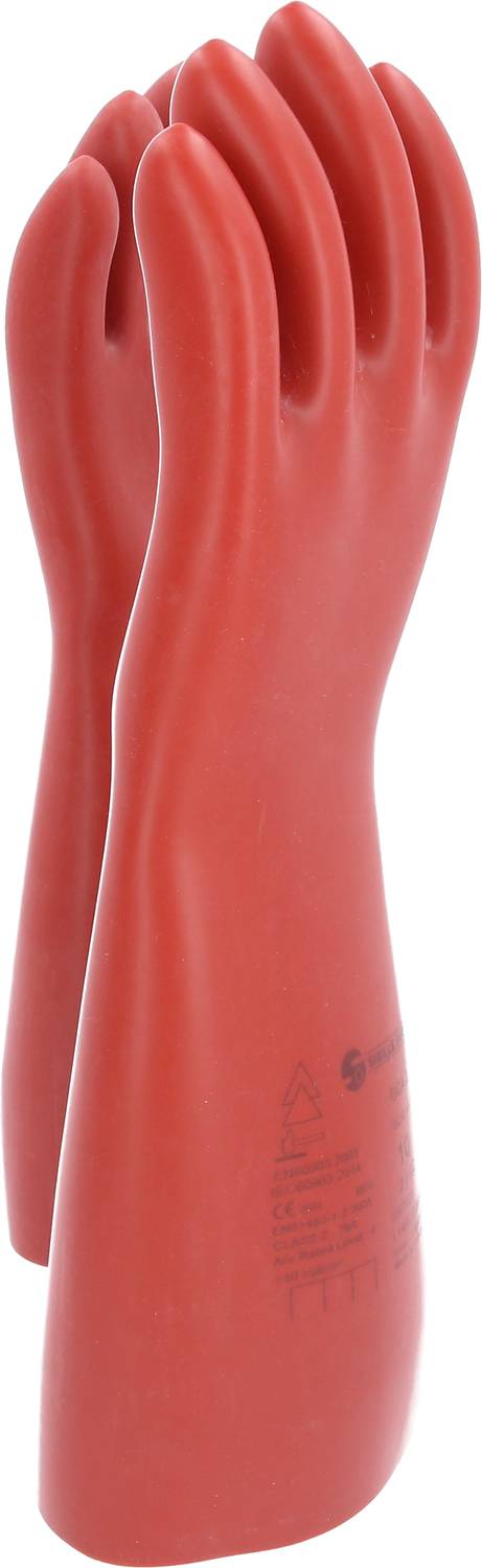 Czerwona para izolowanych gumowych rękawic ochronnych, chroniąca przed porażeniem prądem. Niezbędna podczas prac bezpieczeństwa w środowiskach elektrycznych.