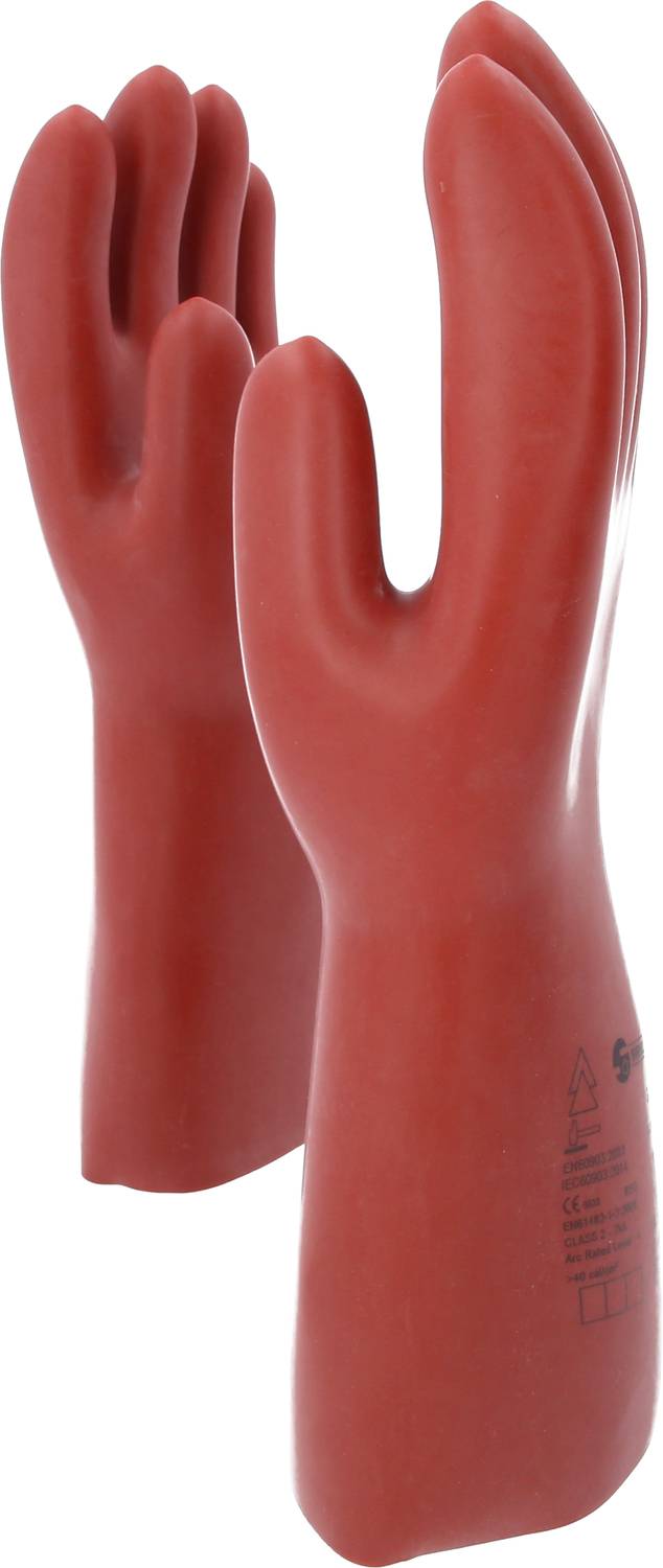 Czerwone, izolowane rękawice gumowe, stojące pionowo. Są zaprojektowane do ochrony przed zagrożeniami elektrycznymi.