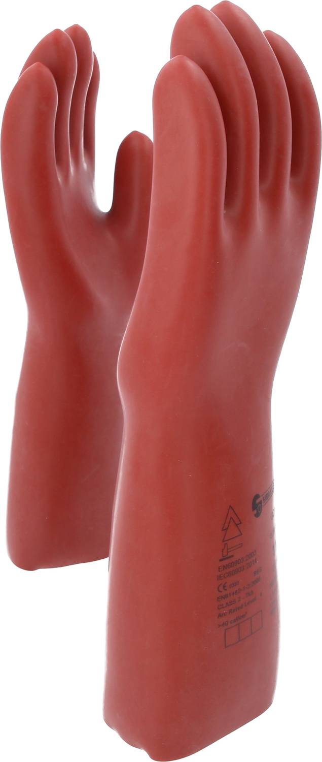 Dwie czerwone elektroizolacyjne rękawice stoją pionowo. Chronią przed prądem elektrycznym i są oznaczone znakami bezpieczeństwa.