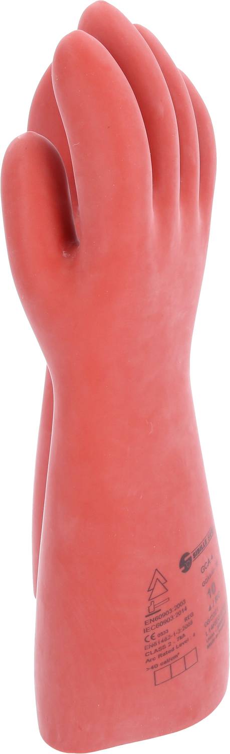 Czerwona rękawica gumowa, izolowana, z oznakowaniami bezpieczeństwa na zewnętrznej stronie, odpowiednia do ochrony elektrycznej.
