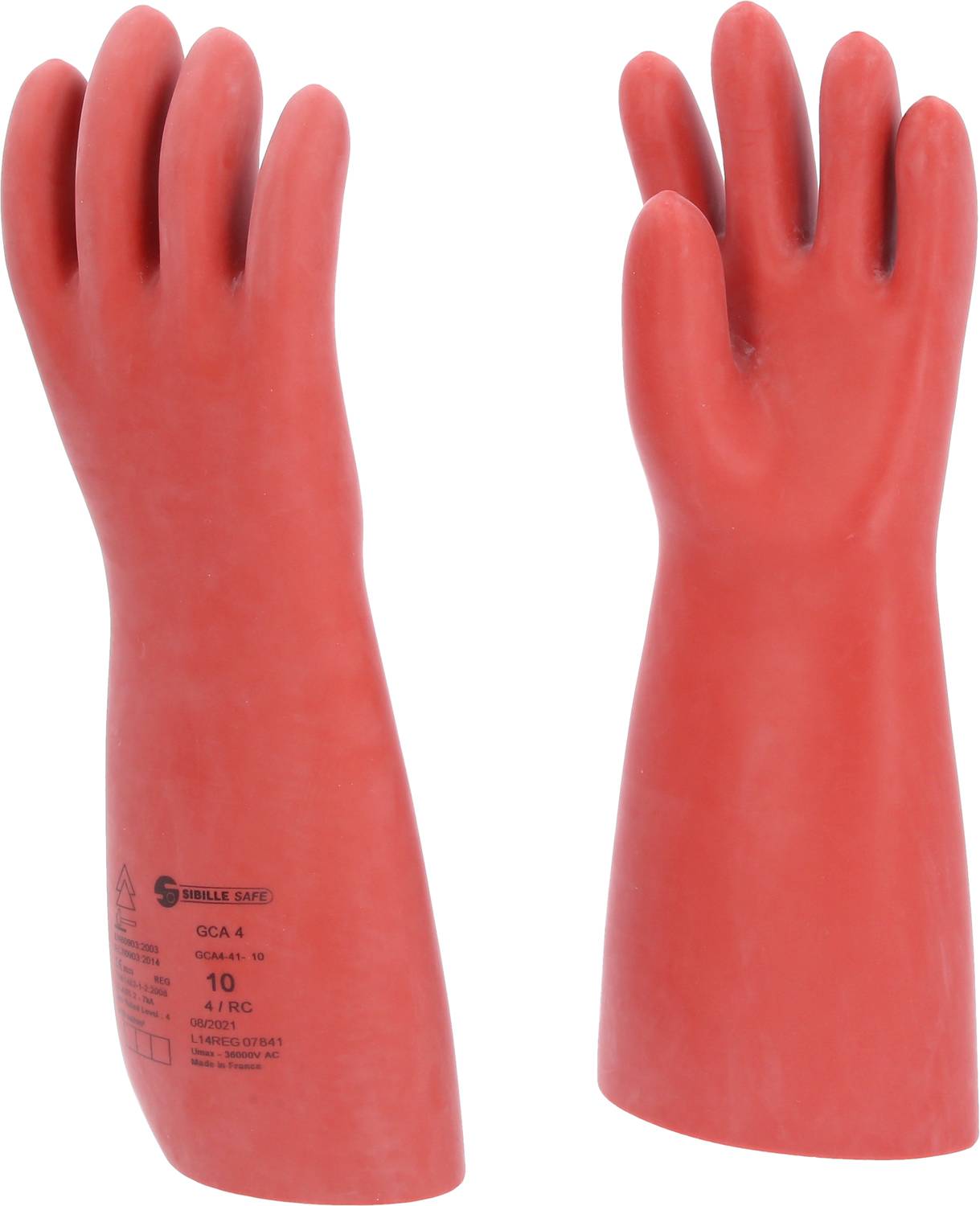 Dwa czerwone, izolacyjne rękawice ochronne z gumy. Lewy rękawic pokazuje wnętrze dłoni, prawy - grzbiet dłoni.