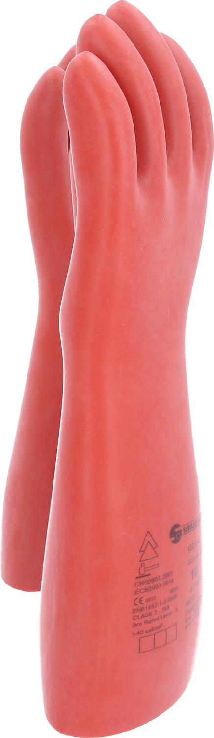 Czerwone rękawice ochronne lub robocze z gumy, stojące i gotowe do użycia. Wyglądają na nieużywane i czyste, odpowiednie do zastosowań przemysłowych.