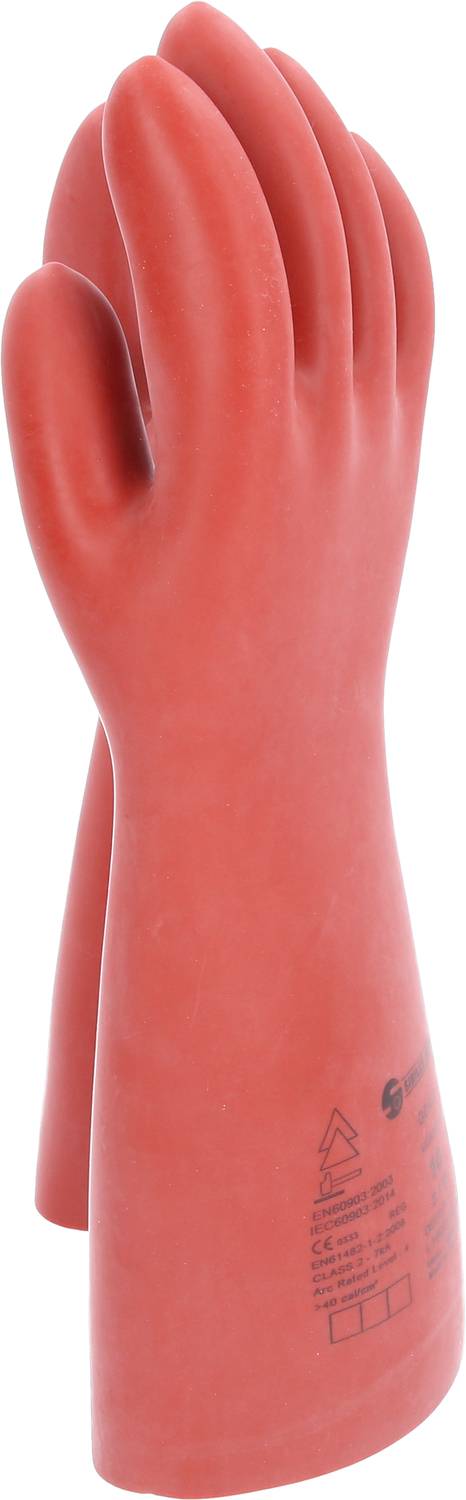 Dwie czerwone gumowe rękawice ochronne stojące pionowo. Odpowiednie do ochrony elektrycznej z naniesionymi specyfikacjami technicznymi.