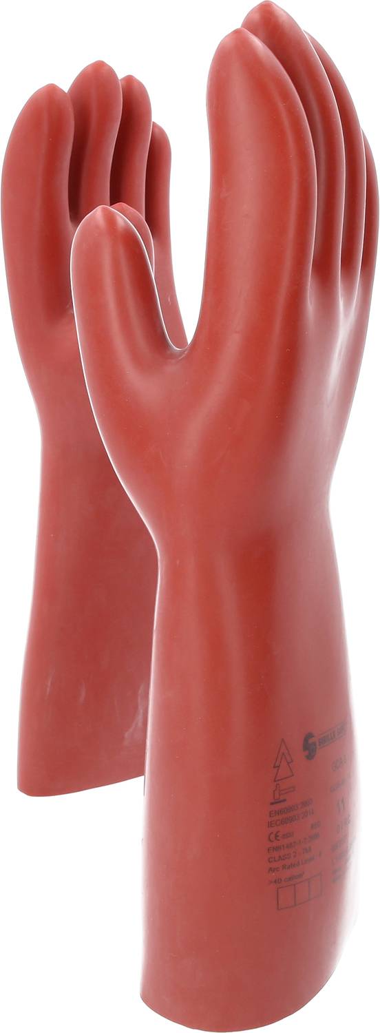 Dwie czerwone, izolacyjne rękawice gumowe, używane do ochrony podczas prac elektrycznych.