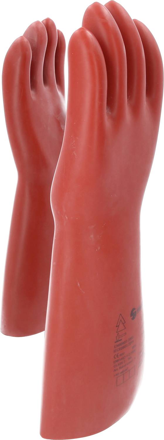 Dwa czerwone izolowane rękawice gumowe, stojące, przeznaczone do ochrony podczas prac elektrycznych.