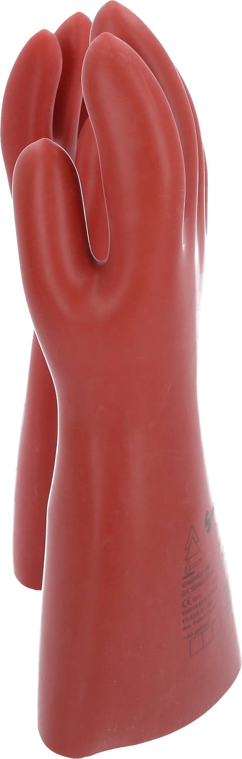 Czerwone, izolowane rękawice gumowe, stojące, z napisem na powierzchni. Są przeznaczone do ochrony elektrycznej.