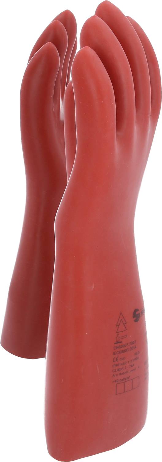 Dwie czerwone gumowe rękawice ochronne stoją pionowo. Nadają się do prac z elektrycznością i zapewniają izolację.