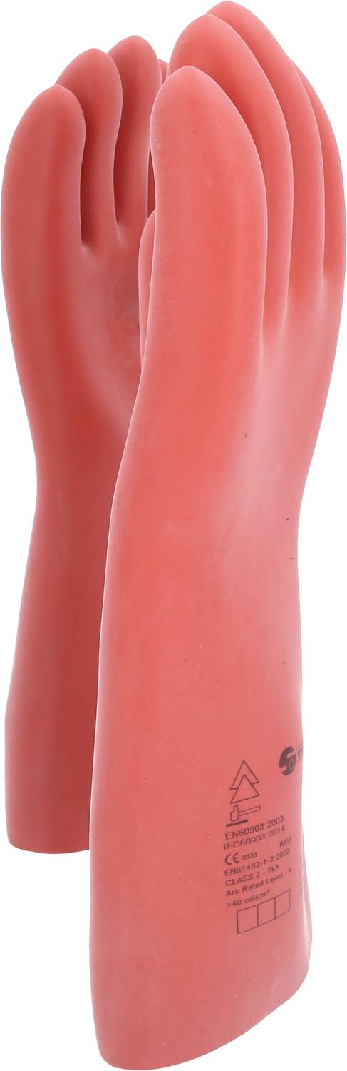 Dwie czerwone gumowe rękawice ochronne stoją pionowo obok siebie. Są one odpowiednie do prac elektrycznych, co wskazano na etykiecie.