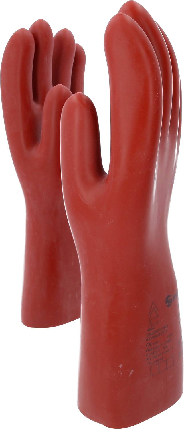 Dwie czerwone rękawice ochronne z gumy, stojące pionowo, skierowane w prawo. Odpowiednie do prac elektrycznych.