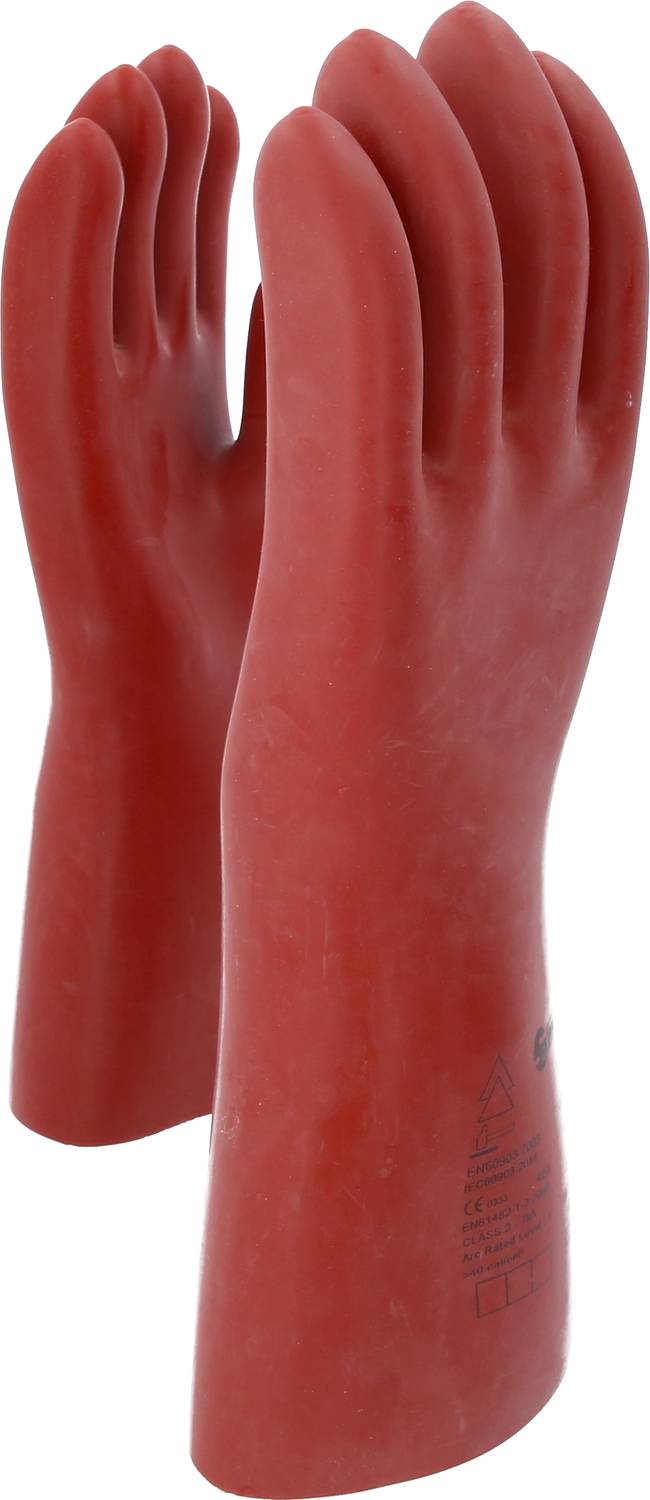 Czerwone rękawice gumowe, izolujące dla ochrony elektrycznej. Odpowiednie do prac przy instalacjach elektrycznych, sięgające do nadgarstka.