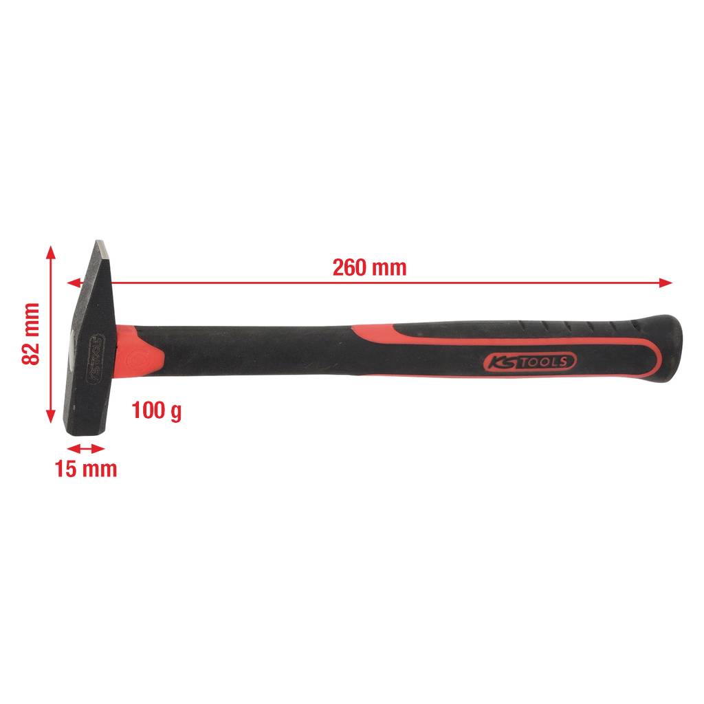Czarny i czerwony młotek o wymiarach: 260 mm długości, 82 mm wysokości, 15 mm szerokości, ważący 100 g.