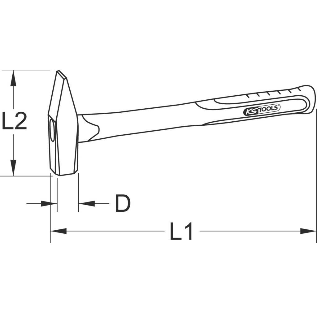 'Ilustracja młotka z ostrzem i zaokrągloną główką. L1 i L2 oznaczają długości. Uchwytu znajduje się logo "KS Tools".'