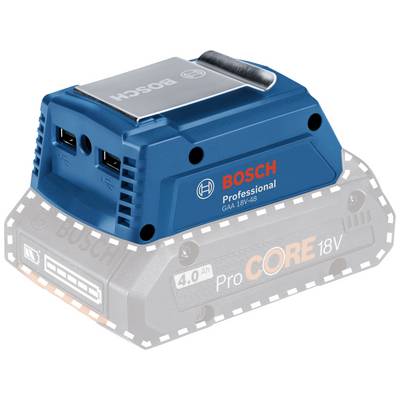 Ładowarka Bosch z serii Professional, model GAA 18V-48, spoczywa na akumulatorze ProCORE 18V 4.0Ah, podkreślonej konturowymi zarysami.