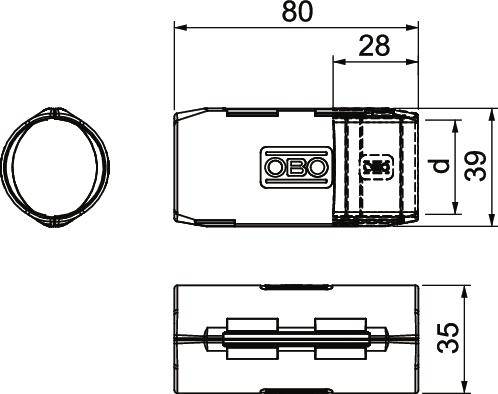 Rysunek techniczny złącza kablowego o wymiarach 80 mm długości, 35 mm szerokości i 28 mm wysokości; oznaczenie: 'OBO'.