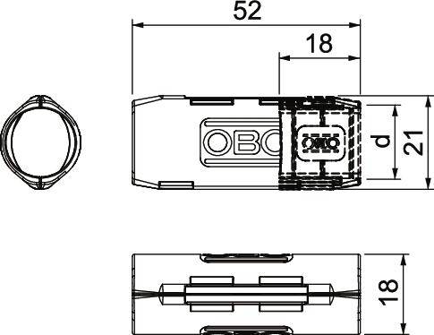 Rysunek techniczny uchwytu bezpiecznika z wymiarami: długość 52 mm, szerokość 18 mm. Widok z boku przedstawia oznaczenie 'd'.