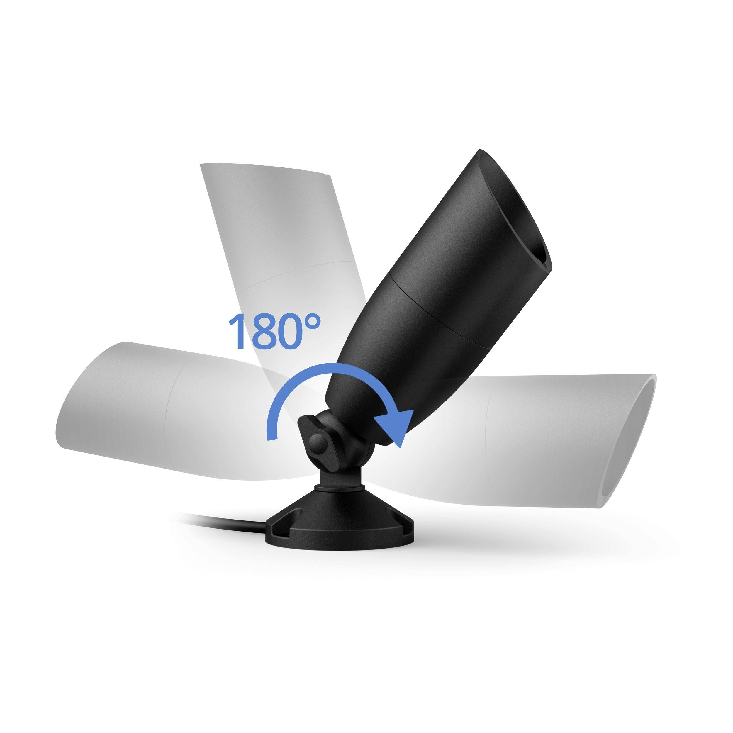 Lampa zewnętrzna z obrotową głowicą, która może obracać się o 180 stopni, prezentuje opcje ruchu. Widoczna jest podstawa adaptera.