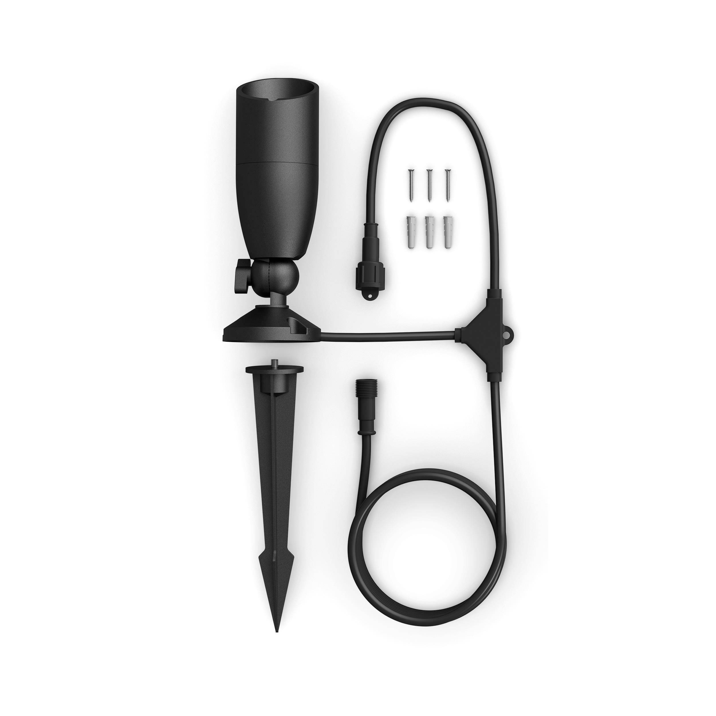 Czarny reflektor LED z bolcem do wbicia w ziemię, kablem i czterema śrubami mocującymi, nadający się do oświetlenia ogrodowego.