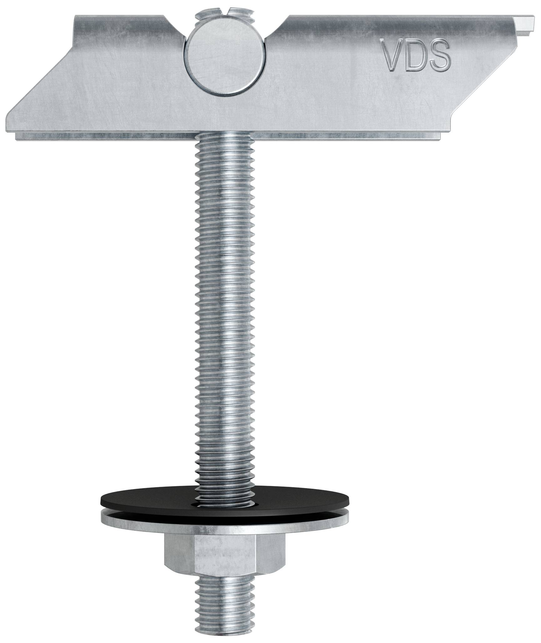 Metalowa śruba z prostokątną główką, z wygrawerowanym napisem 'VDS', zamocowana na pręcie gwintowanym z podkładką i nakrętką.