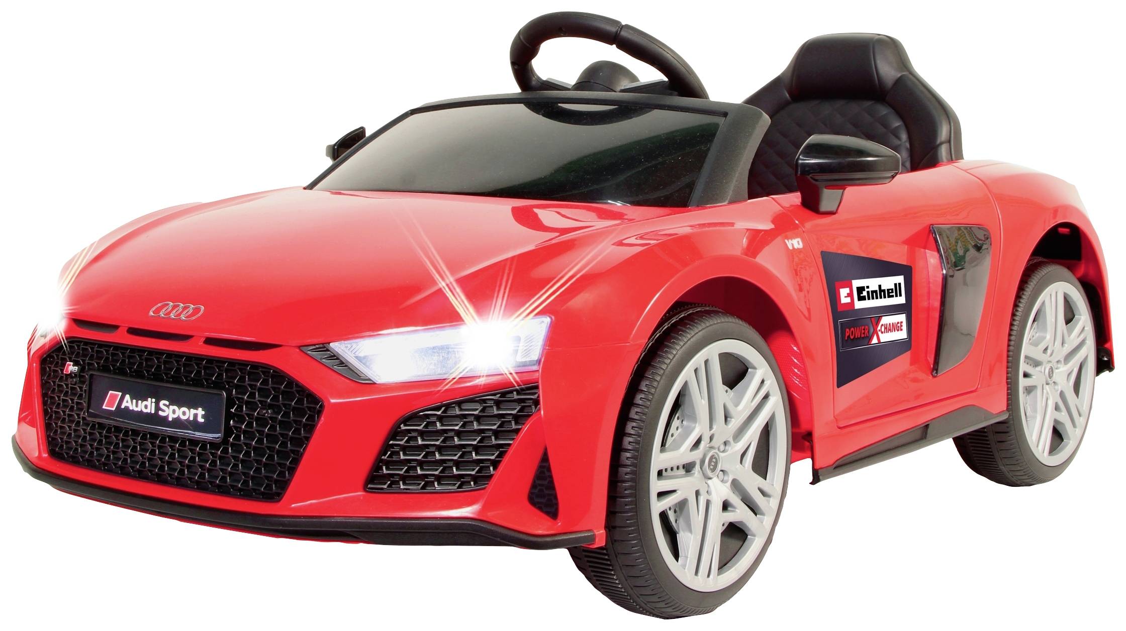 Czerwony elektryczny samochód dla dzieci w stylu sportówki, z logo Audi na masce, błyszczącymi reflektorami i czarnymi akcentami.