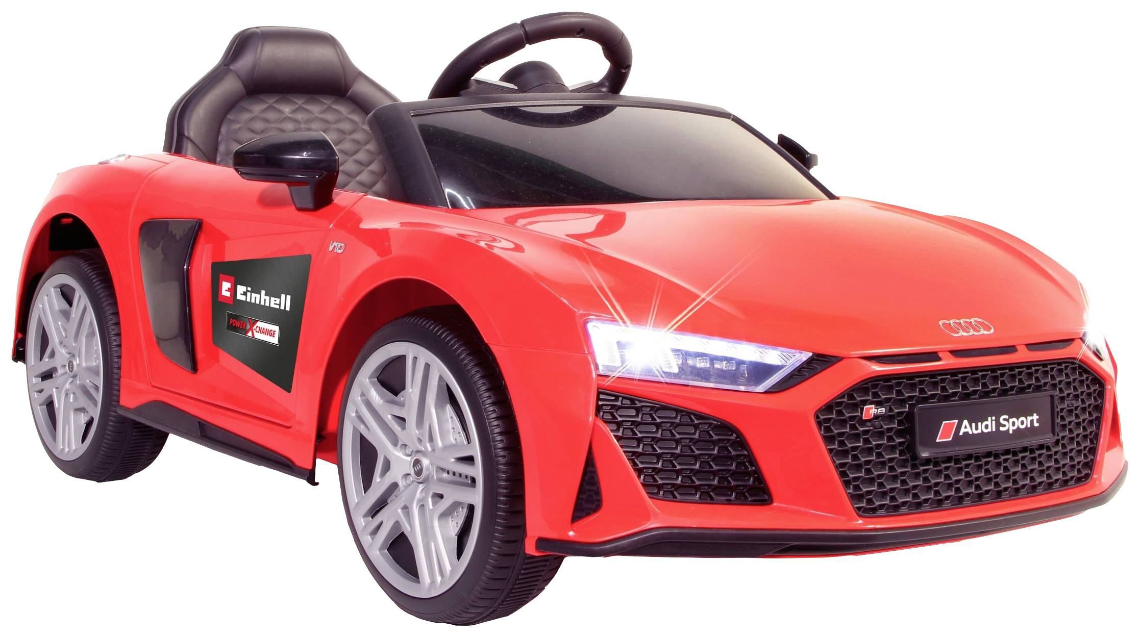 Czerwona zabawkowa wyścigówka w stylu Audi Sport z podświetlanymi reflektorami, czarnym siedzeniem i logo Einhell z boku.