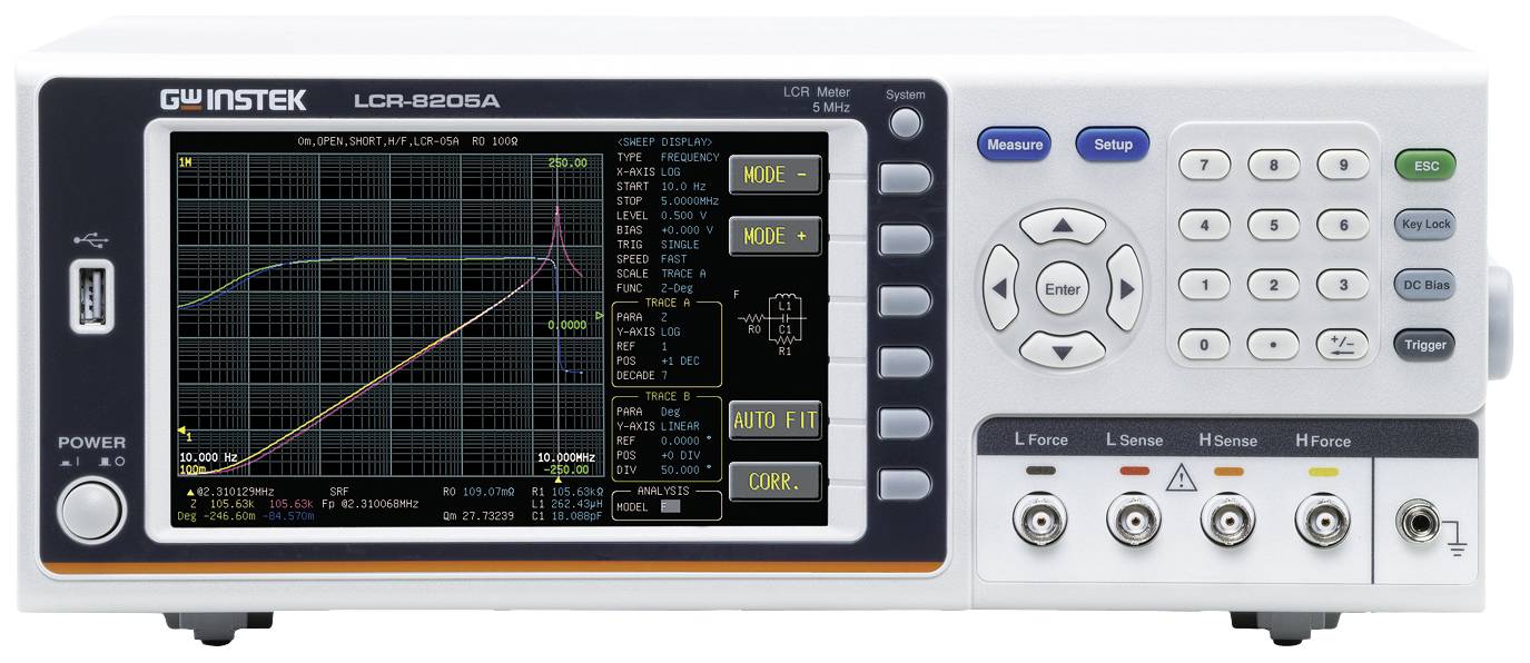 Miernik LCR z wyświetlaczem cyfrowym pokazuje graficzne wartości pomiarowe dla elementów elektrycznych. Po prawej stronie znajdują się elementy sterujące.