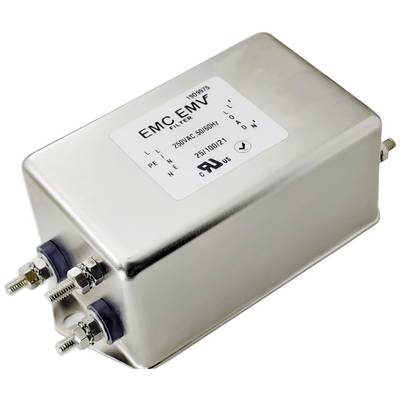 Prostokątny filtr EMC z metalową obudową i przyłączami na obu końcach. Tekst na filtrze: 'Filtr EMC 250VAC 50/60Hz'.