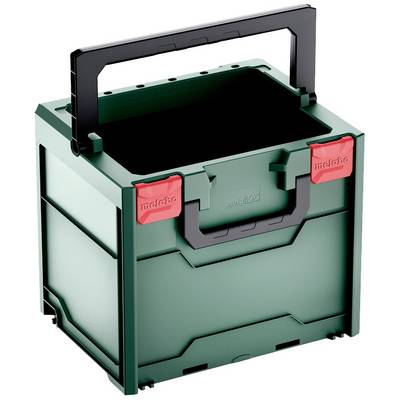 Zielona skrzynka narzędziowa z czarną rączką, dwoma czerwonymi zamknięciami i wytrzymałą konstrukcją, odpowiednia do przechowywania narzędzi.