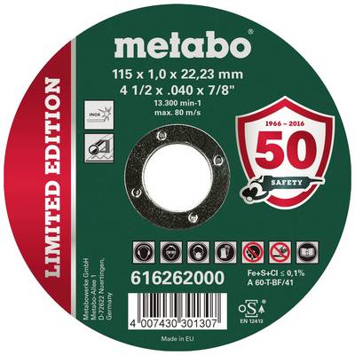 'Tarcza tnąca Metabo Limited Edition' o średnicy 115 mm, grubości 1 mm do cięcia metalu, maks. 80 m/s. 50 lat bezpieczeństwa, wyprodukowane w UE.