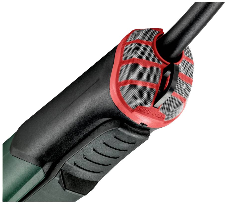 Wtyczka elektronarzędzia z czerwoną, siatkowatą osłoną gumową oraz czarnym przewodem wbudowanym w wtyczkę.