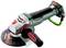 Akumulatorowa szlifierka kątowa w czarno-zielonym designie z czerwoną i szarą dźwignią; z wydrukowaną marką 'Metabo'.