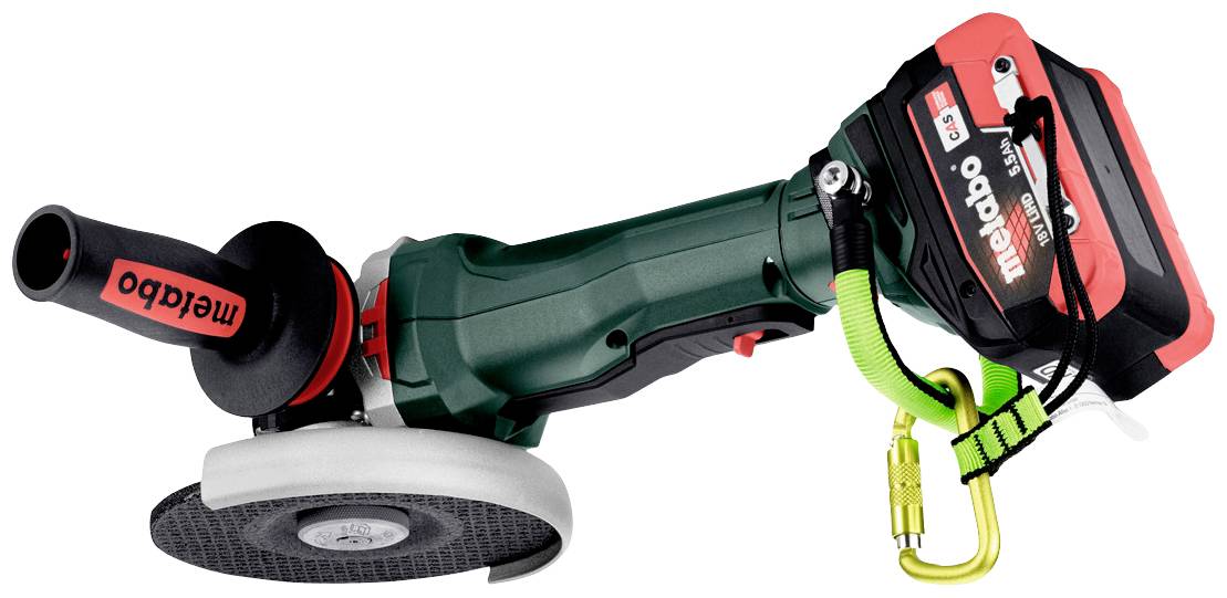 Szlifierka akumulatorowa w kolorach zielonym i czerwonym z czarnym uchwytem i logo Metabo. Na tle widoczny jest pomarańczowy hak zabezpieczający.