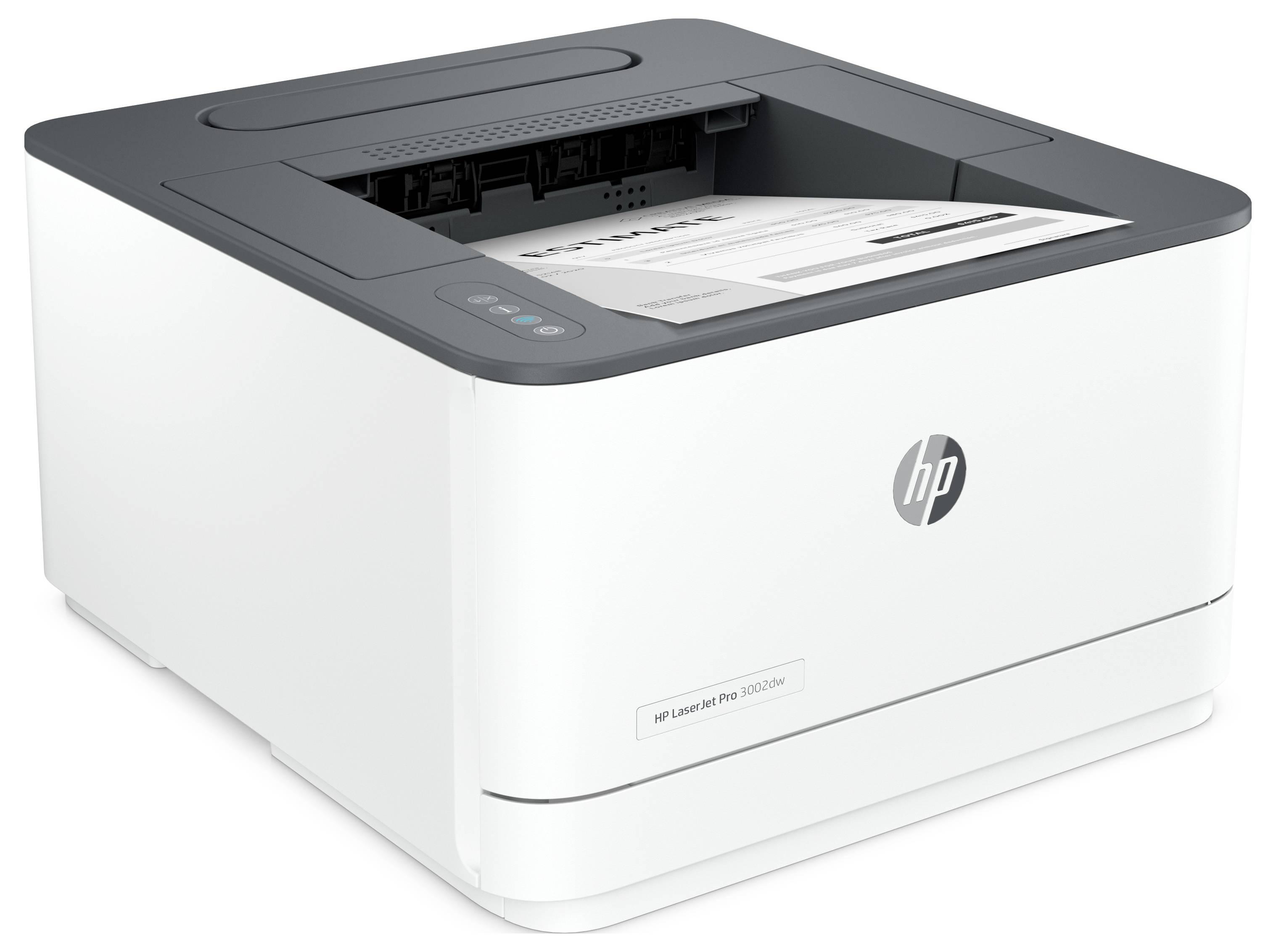 Biała drukarka HP LaserJet Pro z papierem załadowanym w tacę wyjściową, widoczna w trzyczęściowym widoku frontowym.